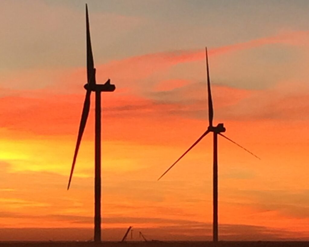 Sunset with two wind turbines